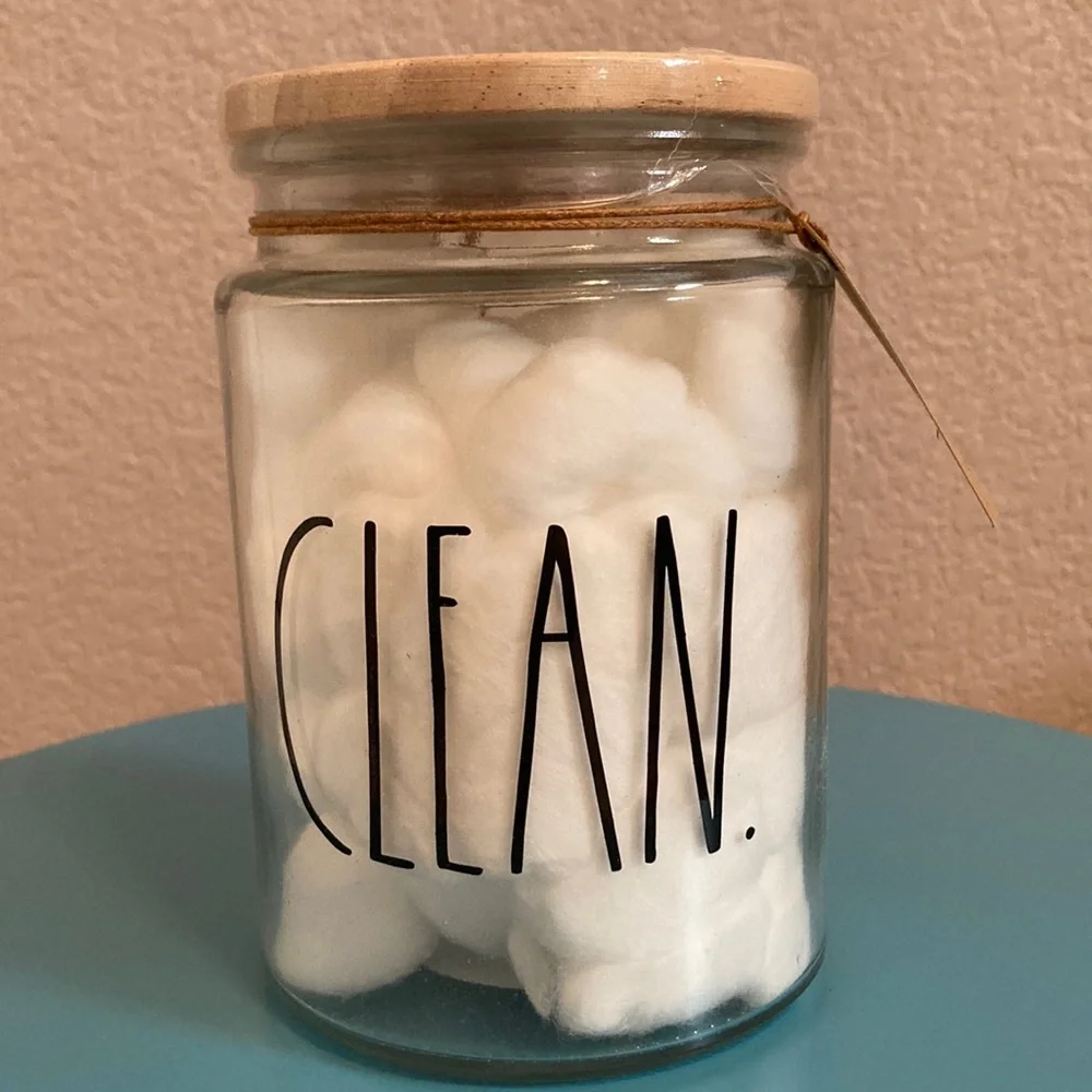 NWT Rae Dunn “Clean” Glass Jar with Wooden Lid and Cotton Balls